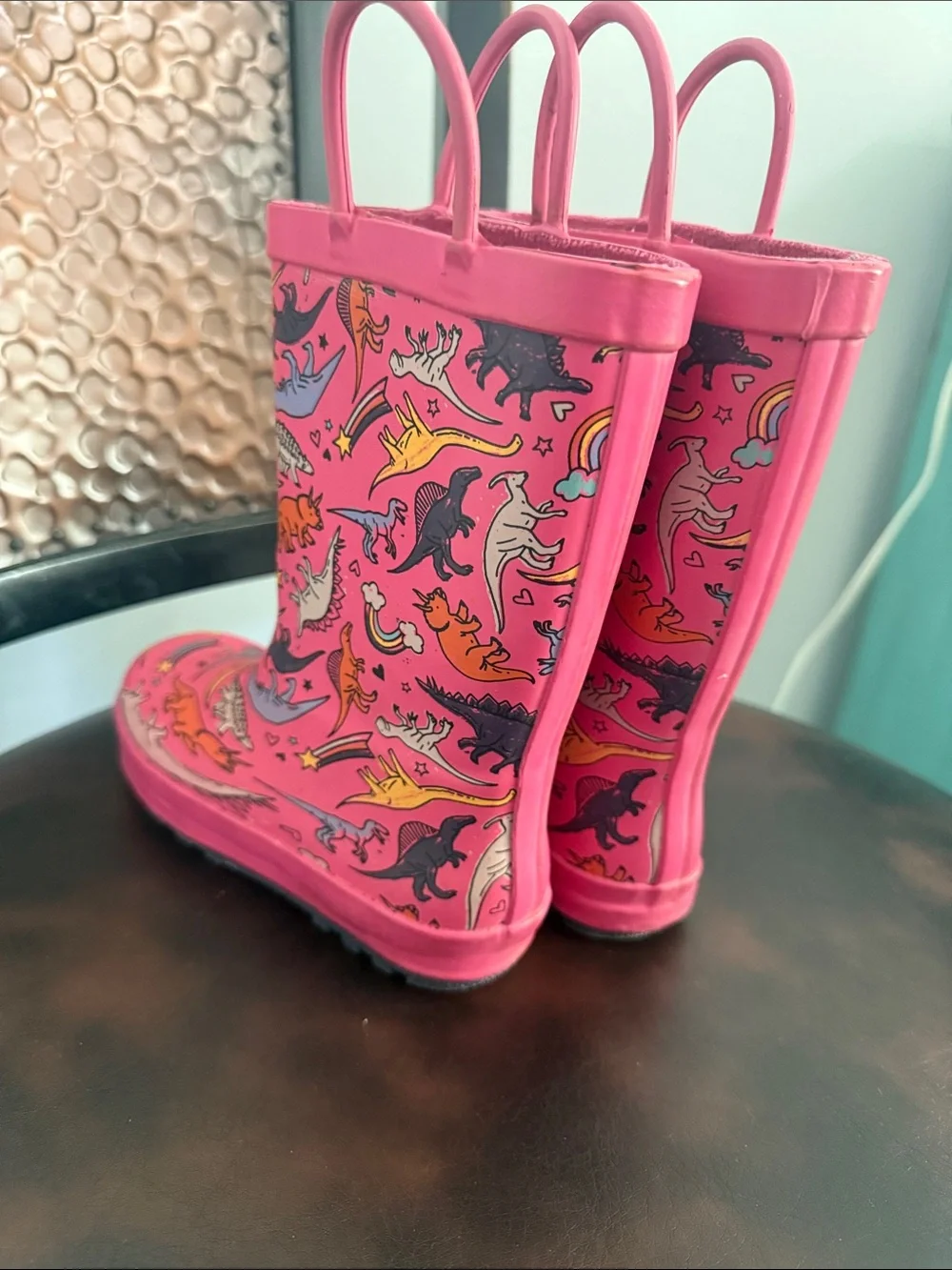 Kids Pink Dinosaur & Rainbow Rain Boots